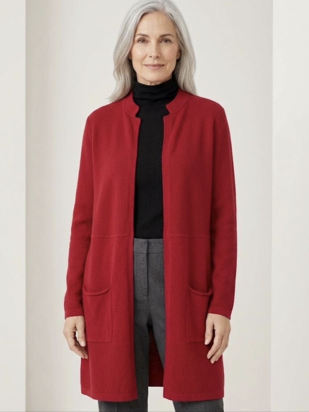 EILEEN FISHER Silk Cotton Blend Long Heavy Cardigan Sweater Red Pockets Large